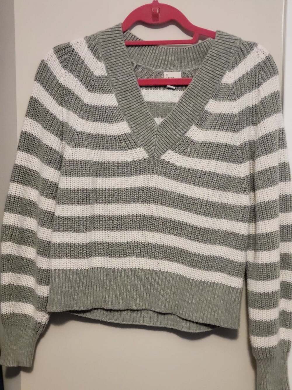 A New Day Grey and White Striped V-Neck Knit Sweater